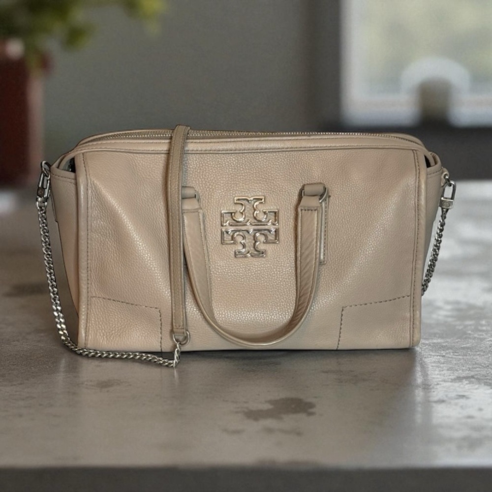 Tory Burch Britten Satchel French Gray Medium 22” Crossbody Strap Drop Leather